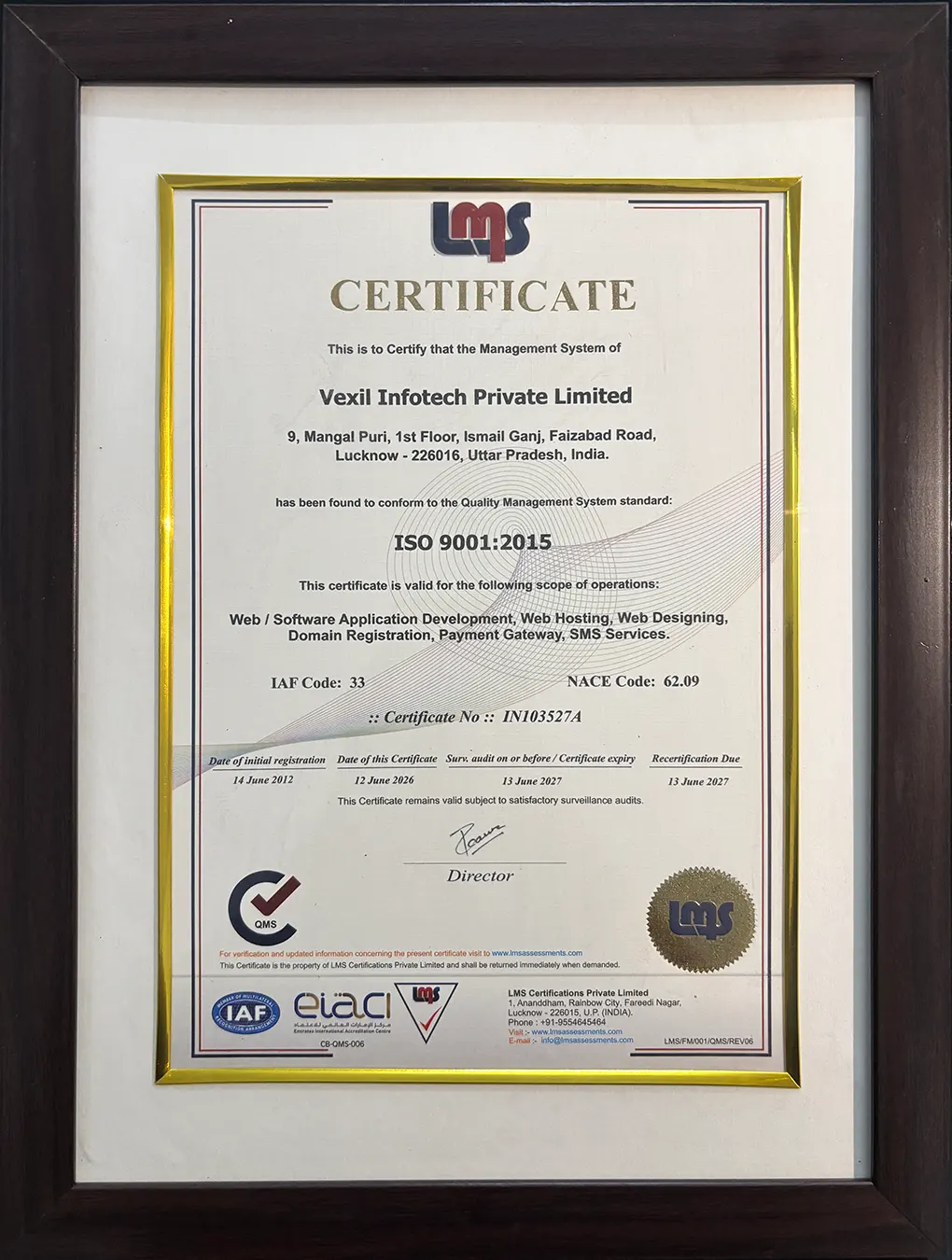 ISO 9001:2015 certificate issued to Vexil Infotech Private Limited by LMS Certifications