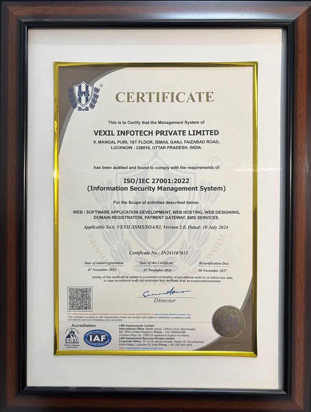 ISO/IEC 27001:2022 certificate issued to Vexil Infotech Private Limited by LMS Assessments