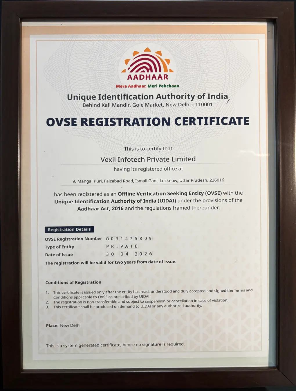 UIDAI OVSE registration certificate for Vexil Infotech Private Limited