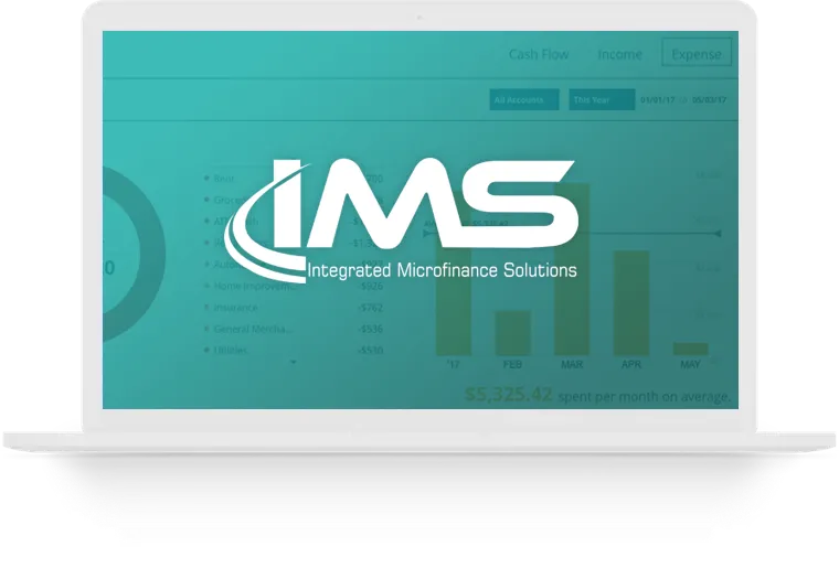 IMS Software logo - Dashboard screen in background